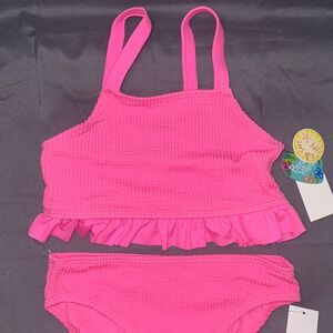 Breaking Waves Girls Neon Pink Smocked Ruffle 2-Piece Bikini Swimsuit UPF 50+ 14